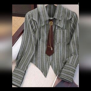 Women's Striped/White/Black Asymmetrical Hem Shirt With Tie